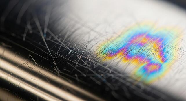 Intricate Macro View of Scratched, Polished Titanium with Rainbow Anodized Effects, Emphasizing Reflections and Micro-Details in a Texture-Rich Composition photo