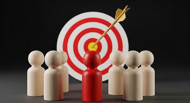 Red wooden figure standing out from the crowd in front of a target with an arrow hitting the bullseye symbolizing leadership success and achieving goals in a competitive environment focus and determin photo