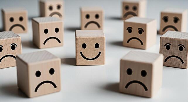 Optimistic wooden block smiling amongst a group of sad faced blocks on a white surface representing positivity resilience and overcoming adversity in a challenging environment promoting mental health photo