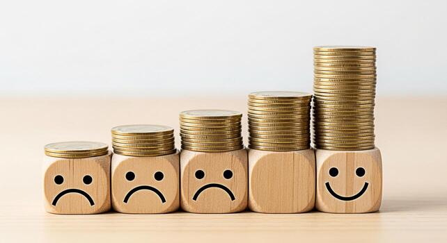 Conceptual image showing wooden blocks with sad to happy face icons supporting increasing stacks of gold coins symbolizing financial growth investment success and positive emotional returns in a stabl photo