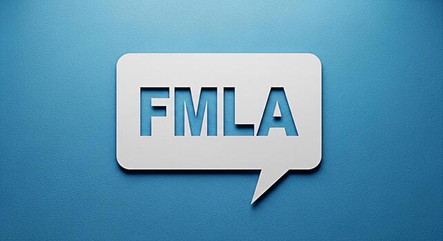 FMLA text in a speech bubble on a blue textured background representing a discussion about employee rights and leave policies in a professional and informative setting highlighting compliance and unde photo