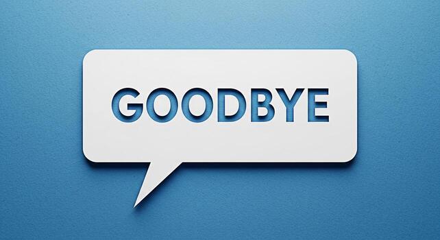 White speech bubble displaying the word GOODBYE on a textured blue background symbolizing farewell departure and the end of a conversation evoking a sense of closure and finality in a minimalist setti photo
