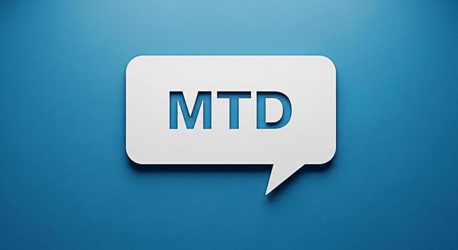 White speech bubble displaying MTD on a blue background representing monthtodate financial performance offering a clear and concise visual for business reports and financial analysis conveying efficie photo