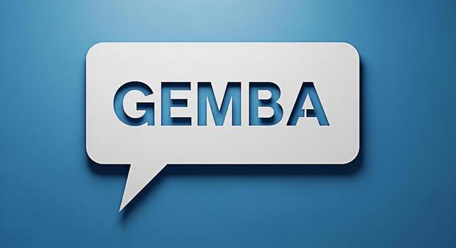 The word GEMBA cut out of a white speech bubble against a blue background representing a lean manufacturing concept and promoting workplace improvement and problemsolving strategies in a visually enga photo