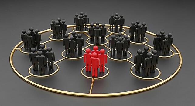 3D rendered people figures connected in a network on a dark gray background illustrating leadership teamwork and organizational structure with a focus on a central group of red figures as the core tea photo