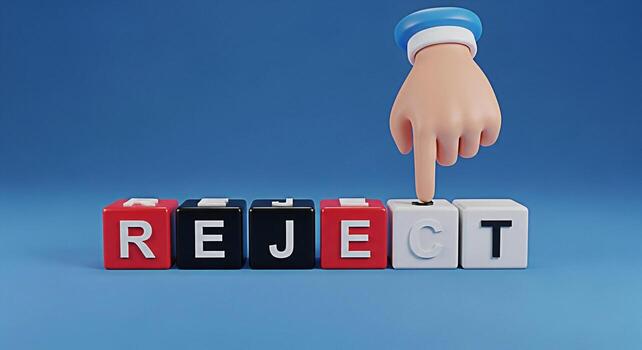 Cartoon hand pressing a button on a cube spelling REJECT against a blue background symbolizing denial and negative feedback conveying a message of refusal and decisionmaking in a playful and engaging photo