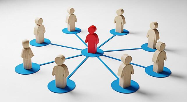 Wooden figures connected by blue lines on a white surface representing a network with a red figure at the center symbolizing leadership connection and the importance of teamwork in a modern business e photo