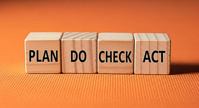 de madera bloques mostrando plan hacer cheque Actuar en un naranja texturizado superficie representando un cíclico proceso para continuo mejora y calidad controlar en un negocio ajuste Fomentando un sentido de estructura foto