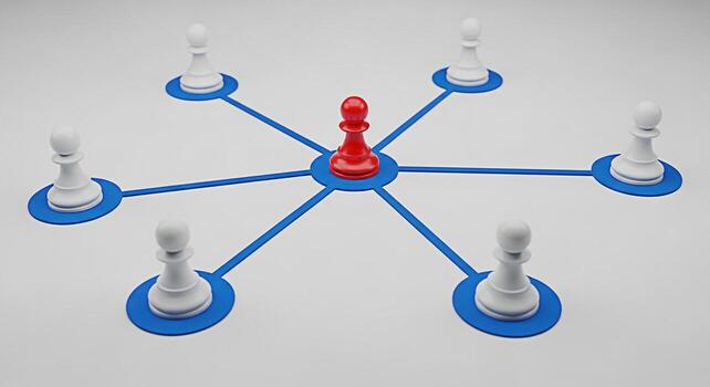 Red chess pawn leading white pawns in a network on a white background symbolizing leadership strategy and connection in a business or organizational context conveying a sense of innovation and strateg photo