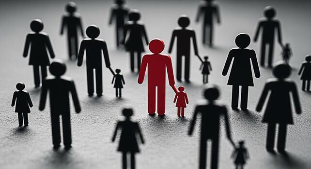 Red family figurines standing out in a crowd of black figurines on a textured surface symbolizing individuality uniqueness and standing out from the norm in a society or community setting photo