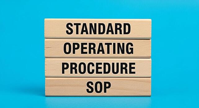 Stacked wooden blocks displaying Standard Operating Procedure SOP against a vibrant blue background representing business process optimization and efficient workflow management for operational excelle photo