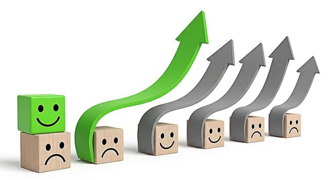 Optimistic green arrow surpassing gray arrows on wooden blocks with happy and sad faces in a bright studio symbolizing progress positive change and overcoming challenges with a growth mindset photo