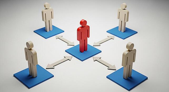 rojo figura en pie fuera en un red de personas en azul plataformas conectado por flechas simbolizando liderazgo comunicación y el importancia de en pie fuera en un competitivo negocio ambiente foto