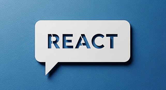React JavaScript library displayed in a white speech bubble against a textured blue background representing modern web development and interactive user interfaces with a clean and minimalist design photo