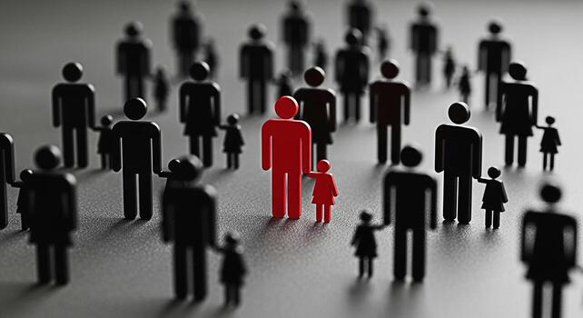 Red figures of a parent and child standing out in a crowd of black figures on a gray surface symbolizing individuality family protection and standing out from the crowd in a minimalist and conceptual photo