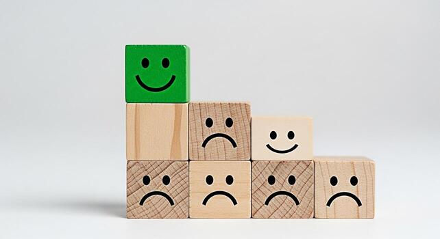 Wooden blocks displaying a range of emotions from happy to sad arranged in a steplike formation on a white surface symbolizing emotional intelligence mood swings and the spectrum of human feelings photo