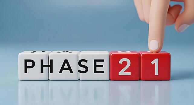 Cartoon hand activating phase 21 on colorful blocks against a blue background symbolizing progress advancement and the successful completion of milestones in a project or development process with a po photo