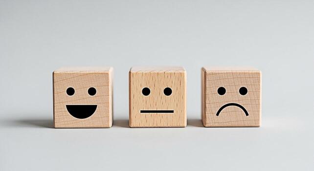 Three wooden blocks displaying different emotions on a neutral background representing customer satisfaction feedback and emotional intelligence in a minimalist and modern style conveying a message of photo