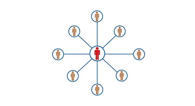 Centralized leadership model showing a red figure connecting and leading a network of brown figures in a clean white environment representing teamwork communication and a hierarchical organizational s photo