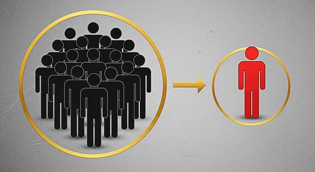 Group of people transitioning to an individual in a conceptual illustration symbolizing leadership and standing out from the crowd against a textured background representing uniqueness and personal gr photo