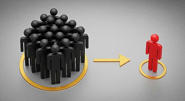 Red figure standing out from a crowd of black figures representing leadership and individuality with a golden arrow pointing towards the red figure symbolizing career advancement and success in a comp photo