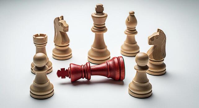 Defeated red king chess piece lying down surrounded by white chess pieces on a white surface symbolizing loss strategy and competition in a strategic board game environment conveying a sense of defeat photo