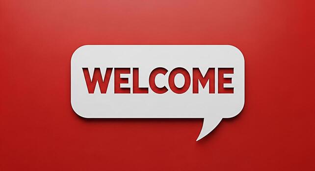 A welcoming speech bubble on a vibrant red background displaying the word WELCOME creating a warm and inviting atmosphere for new visitors and conveying a sense of hospitality and positive first impre photo