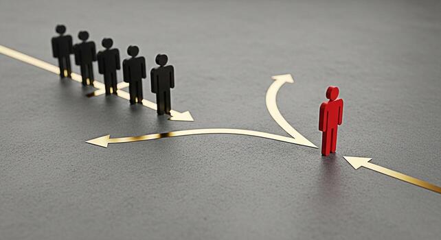 A lone red figure standing out from a line of black figures choosing a different path on a gray surface with golden arrows symbolizing leadership innovation and the courage to be different in a compet photo