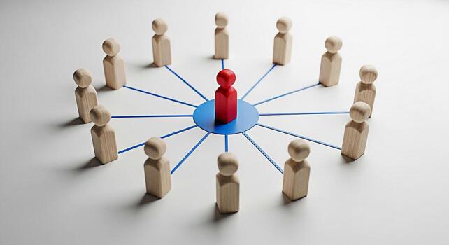 de madera cifras conectado por azul líneas con un rojo figura en pie fuera en el centrar simbolizando liderazgo y trabajo en equipo en un red ambiente transporte un sentido de unidad y estratégico conexión foto