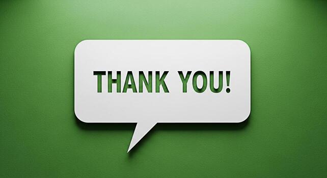 Elegant white speech bubble displaying Thank You on a textured green background conveying gratitude and appreciation with a clean modern design suitable for expressing thanks in various contexts photo