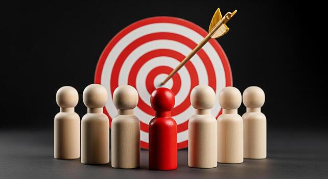 Wooden figures standing in front of a target with an arrow symbolizing leadership and achieving goals in a competitive environment conveying a sense of focus and determination on a dark background photo