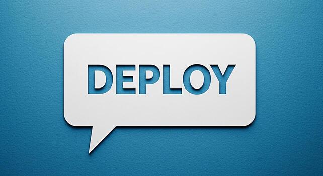 The word DEPLOY cut out from a white speech bubble on a blue textured background representing software deployment project launch or strategic implementation with a clean and modern design photo