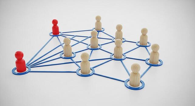 Wooden figures connected by blue lines on a white surface symbolizing a network leadership and teamwork showcasing the interconnectedness and collaboration within a group creating a sense of unity and photo