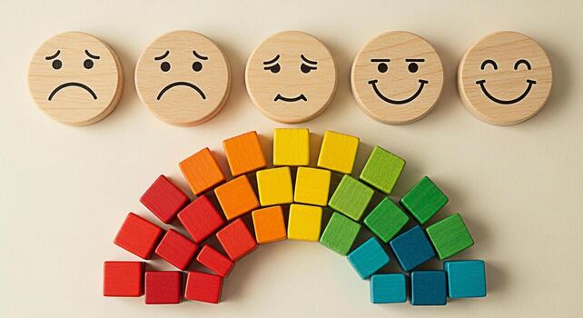Wooden emotion faces displaying a range of feelings above a rainbow made of colorful blocks symbolizing emotional spectrum and positive mental health in a bright optimistic setting photo