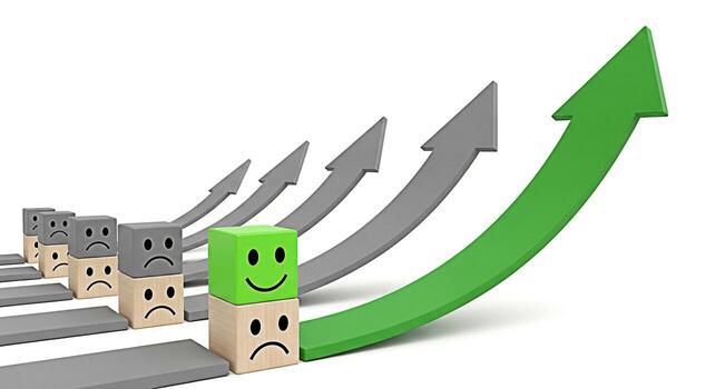 Optimistic green cube leading the way on a white background surpassing sad gray cubes and ascending with a green arrow symbolizing success growth and positive change in business and personal developme photo