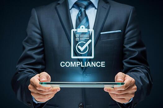 Professional businessman in a suit holding a tablet displaying a compliance icon in a corporate setting symbolizing regulatory adherence and ethical business practices with a focus on trust and accoun photo