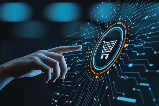 Human hand interacting with a digital shopping cart icon on a futuristic circuit board interface representing online shopping ecommerce and the seamless integration of technology and retail in a moder photo