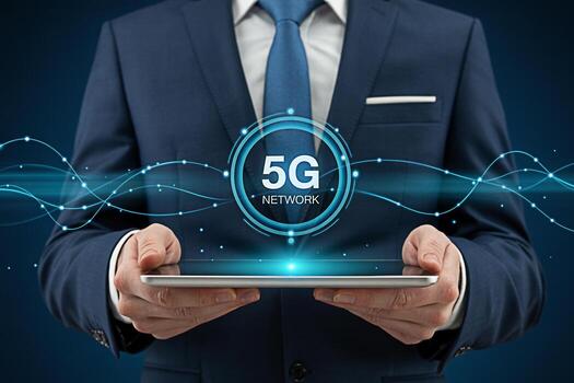 Elegant businessman in a suit presenting a 5G network connection on a tablet showcasing advanced technology and seamless connectivity in a professional and futuristic setting symbolizing innovation an photo