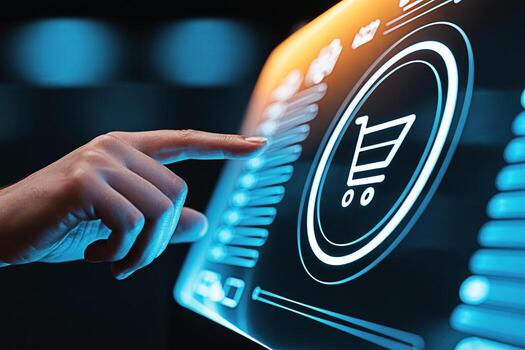 Closeup of a hand touching a glowing futuristic interface with a shopping cart icon symbolizing online shopping and ecommerce in a modern hightech environment conveying a sense of innovation and conve photo