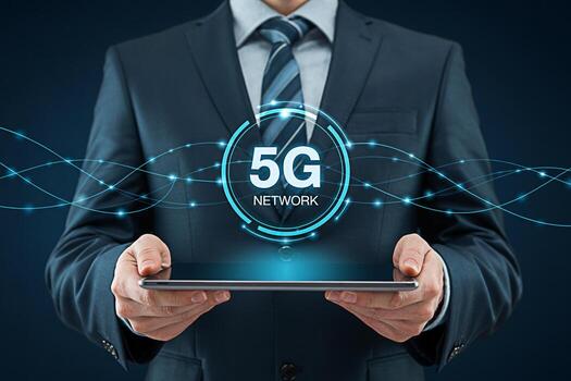 Sophisticated businessman in a tailored suit presenting a 5G network graphic on a tablet symbolizing cuttingedge technology and seamless connectivity in a professional and modern setting photo