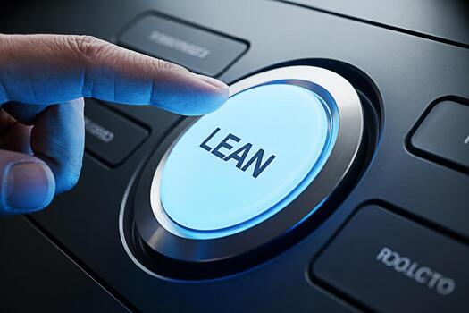 Closeup of a finger pressing a glowing blue LEAN button on a modern control panel symbolizing efficiency and streamlined processes in a business or manufacturing environment promoting operational exce photo