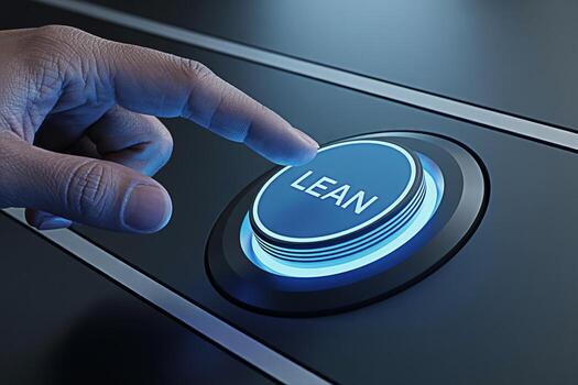 Closeup of a finger pressing a blue glowing LEAN button on a sleek black surface symbolizing efficiency and streamlined processes in a modern business environment promoting a culture of continuous imp photo