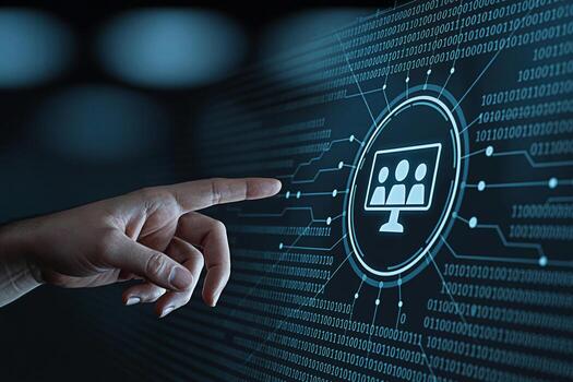 Human hand interacting with a digital interface displaying a team meeting icon against a backdrop of binary code symbolizing collaboration technology and the interconnectedness of modern communication photo