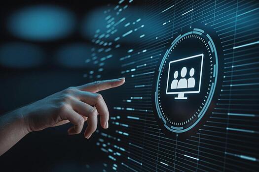 Human finger interacting with a virtual team icon on a digital interface representing remote collaboration and online meetings in a futuristic technologically advanced environment conveying innovation photo