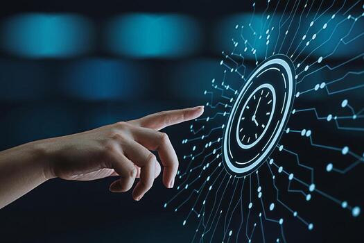 Human hand interacting with a digital clock interface in a futuristic environment symbolizing time management and technological advancement conveying a sense of control and efficiency in the digital a photo