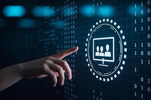 Human hand interacting with a digital interface displaying a team collaboration icon on a futuristic binary code screen representing advanced technology and global connectivity in a modern world photo