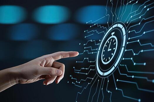 Human hand interacting with a digital interface displaying a stopwatch in a futuristic setting representing concepts like time management efficiency and technological advancement in a modern world photo