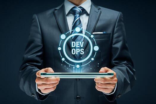 Sophisticated businessman in a dark studio setting showcasing a glowing DevOps interface on a tablet symbolizing innovation efficiency and cuttingedge technology in software development and IT operati photo