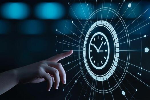 Human hand interacting with a digital clock interface on a futuristic screen symbolizing time management deadlines and the integration of technology in scheduling and productivity in a modern world photo