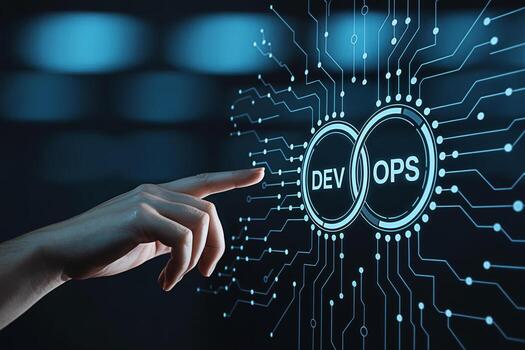 Human hand interacting with a digital DevOps interface in a futuristic hightech environment symbolizing automation collaboration and efficiency in software development and IT operations for business t photo
